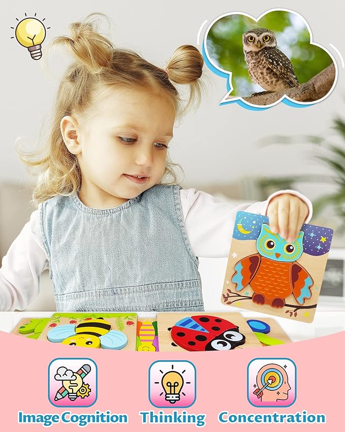 Bekayshad Wooden Puzzles Toddler Toys Gifts for 1 2 3 Year Old Boys Girls, Animal Jigsaw Puzzles Montessori Toys, Learning Educational Christmas Birthday Gifts for Girls Boys Ages 1-3