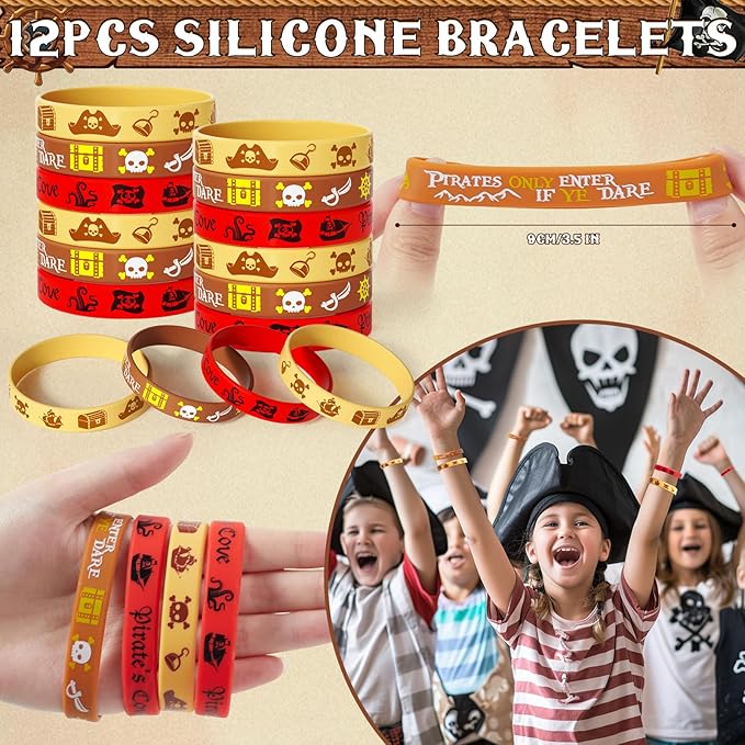 12 Sets Pirate Party Favors Birthday Supplies for Boy Kid, Drawstring Bag Silicone Bracelet Tattoo Sticker Keychain Pirate Pinata Filler Goodie Bag Stuffers Pirate Birthday Favors Party Supplies