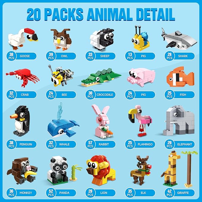 HOGOKIDS Party Favors for Kids - 20 Pack Animals Building Blocks Toy for Easter Gifts Goodie Bags Stocking Stuffer Classroom Prizes Building Set, Valentines Day Birthday Gift for Boys Girls Ages 6-12+