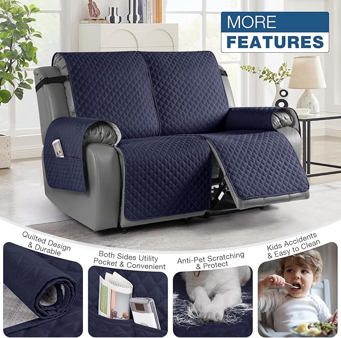 TAOCOCO Loveseat Recliner Cover Non-Slip Sofa Slipcover, Pet Cover for Loveseat Recliner with Elastic Straps, Washable Reclining Loveseat Cover Recliner Furniture Protector (2 Seater, Dark Blue)
