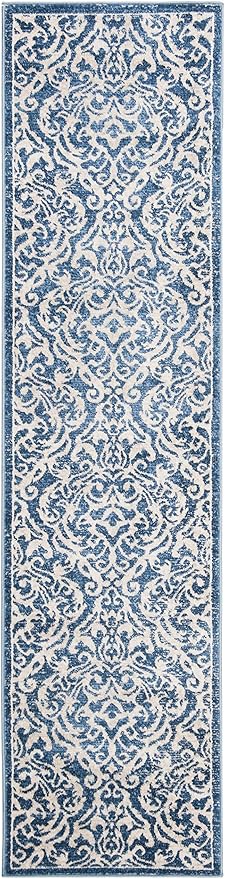 SAFAVIEH Brentwood Collection 2' x 12' Navy / Cream BNT810N Damask Non-Shedding Living Room Bedroom Runner Rug