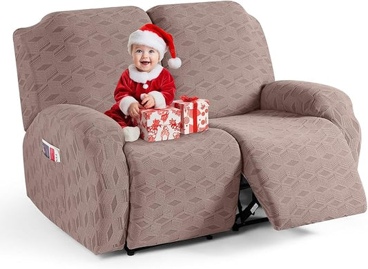 TAOCOCO Recliner Loveseat Cover, Stretch Jacquard Reclining Loveseat Cover Furniture Protector Sofa Slipcovers 2 Seat Recliner Covers with Elastic Bottom for Kids, Pets (Khaki)