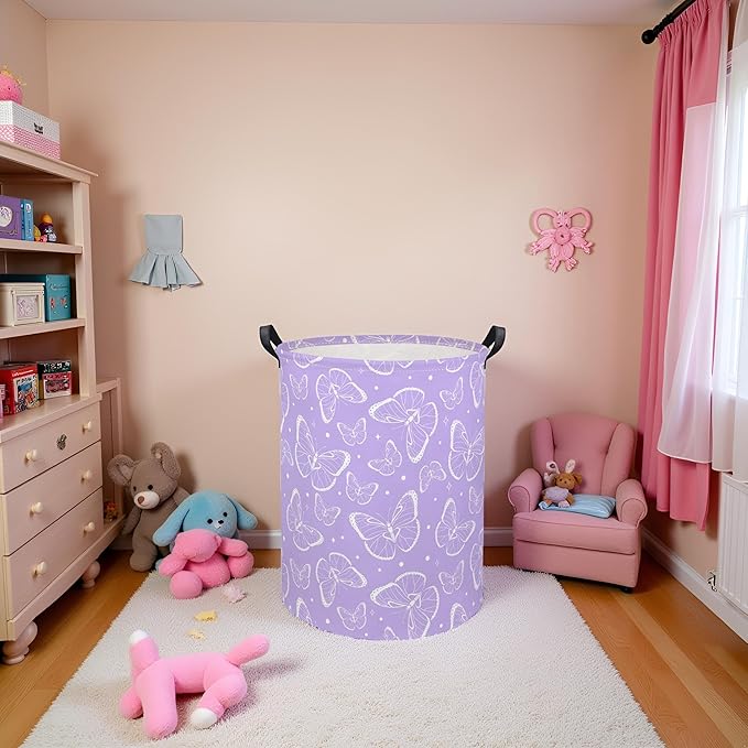 Kids Laundry Basket Baby Hamper Toy Storage Bin for Boys Room Decor Baby Nursery Hamper Gift Baskets for Bedroom Bathroom(Purple Butterfly)