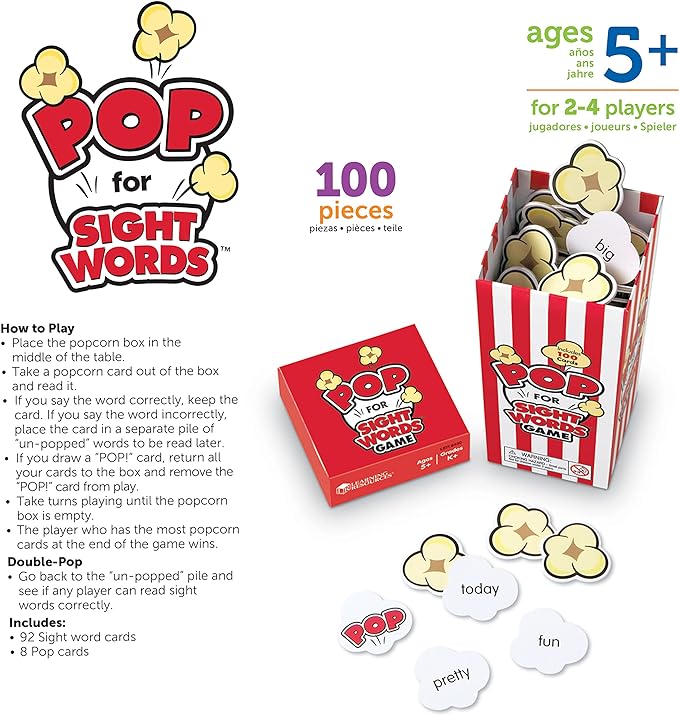 Learning Resources Pop For Sight Words Game,Vocabulary/Literacy Game, 92 Cards, Ages 5+
