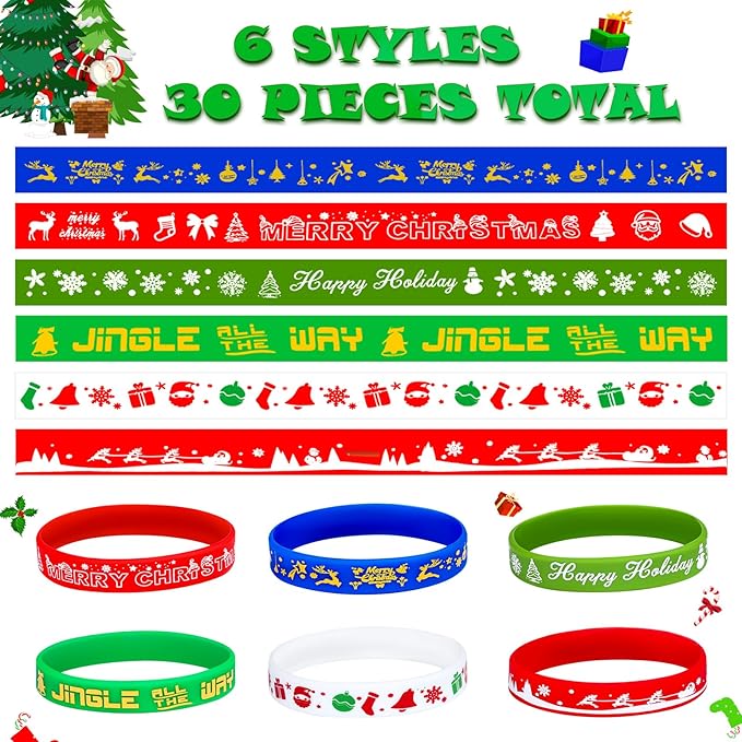 Christmas Rubber Bracelets 30 PCS Bulk Christmas Party Favors Stocking Stuffers for Kids Silicone Wristbands Goodie Bags Stuffers Xmas Toys Gifts Party Supplies Decorations Classroom Prizes