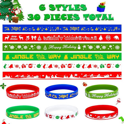 Christmas Rubber Bracelets 30 PCS Bulk Christmas Party Favors Stocking Stuffers for Kids Silicone Wristbands Goodie Bags Stuffers Xmas Toys Gifts Party Supplies Decorations Classroom Prizes