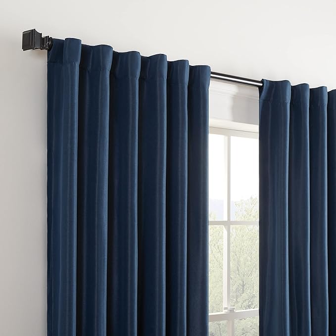 Eclipse Fresno Modern Blackout Thermal Rod Pocket Window Curtain for Bedroom (1 Panel), 52 in x 95 in, Dark Blue