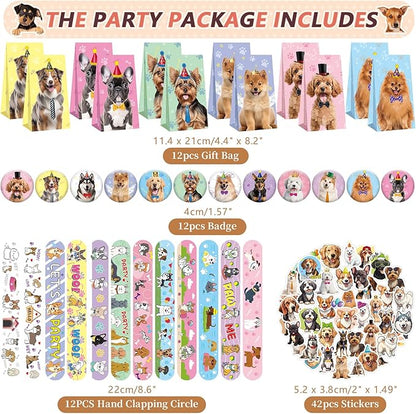114PCS Dog Paw Party Favors Set, Puppy Party Favors for Kids, 54 Dog Stickers,12 Goodie Bags,12 Button Badges,12 Keychains,12mini Notepads,12 Slap Bracelet for Paw Print Birthday Party Supplies