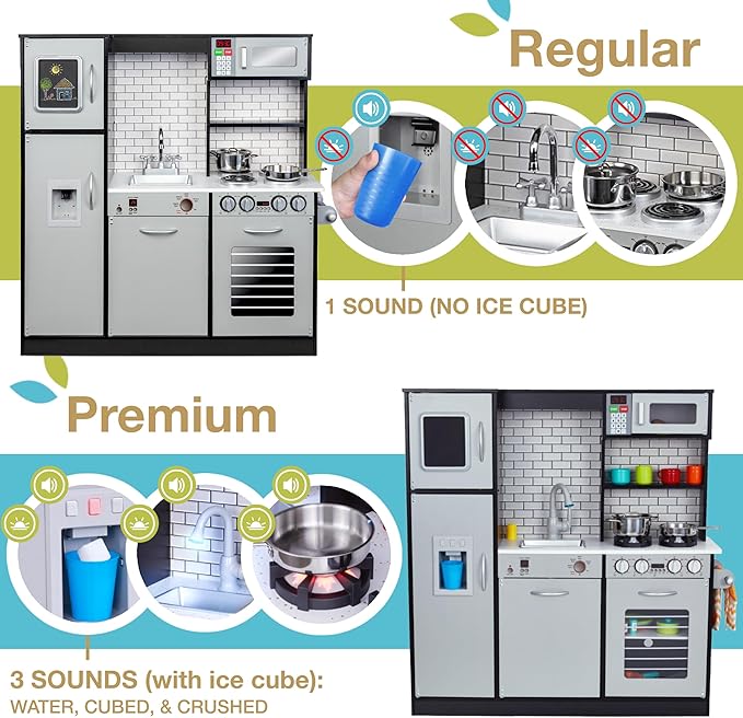 Lil' Jumbl Kids Kitchen Set, Pretend Wooden Play Kitchen, Battery Operated Icemaker, Burners, Faucet & Microwave Makes Realistic Sound & Light, Pots & Pan Included - Charcoal