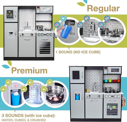 Lil' Jumbl Kids Kitchen Set, Pretend Wooden Play Kitchen, Battery Operated Icemaker, Burners, Faucet & Microwave Makes Realistic Sound & Light, Pots & Pan Included - Charcoal