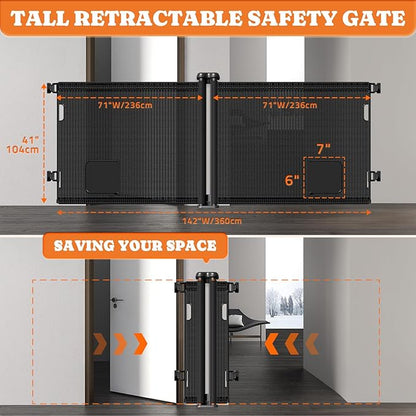 2-in-1 Retractable Baby Gates, 41" Tall Mesh Dog Gate with Cat Door 2-Pack, One Side Up to 200" Wide, Total 400" Wide, Long Retractable Pet Gate for Yard Swimming Pool Garage Indoor Outdoor-Black