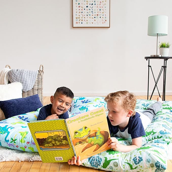 Wildkin Kids Floor Lounger: Ideal for Boys and Girls, Travel-Friendly, Perfect for Sleepovers - Pillow Lounger for Kids, Requires Standard Size Pillows Not Included (Dinosaur Land)