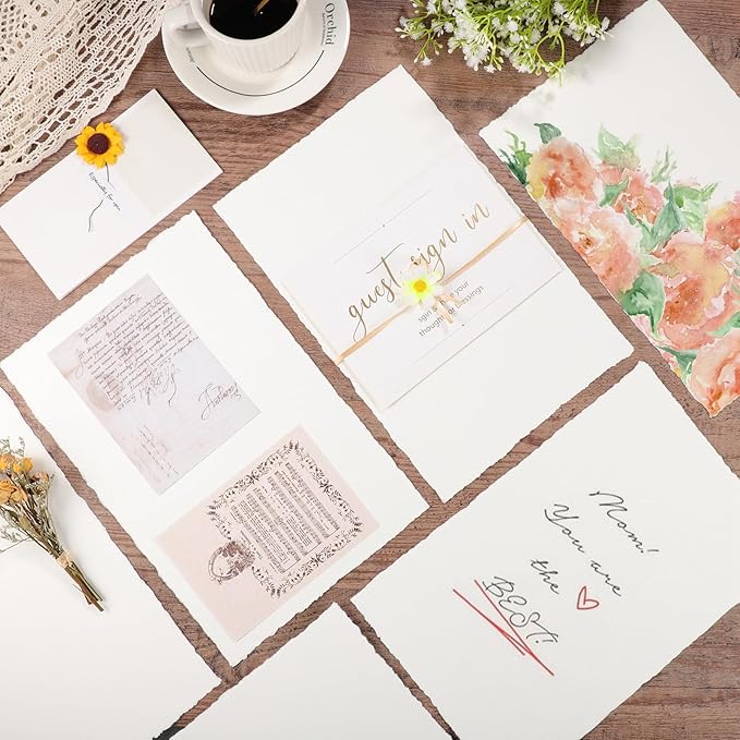 25 Sheets Watercolor Paper, 300 GSM Deckled Edge Paper 7.5 x 11.5 inch Rough/Textured Handmade Paper Cotton Paper for Watercolors, Wedding Invitations, Cards, Crafts