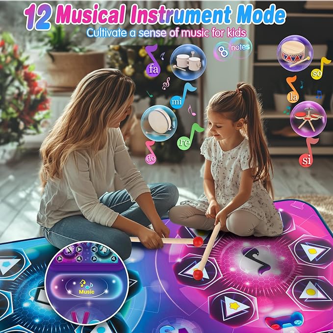 maysida Rechargeable Dance Mat - Double User Play Mat with Extra Large Size (59*38 in), Dancing Music, Challenge Game, Piano Mode, LED Lights, Christmas Birthday Gift for Kids Girls Boys 3-12 Year Old