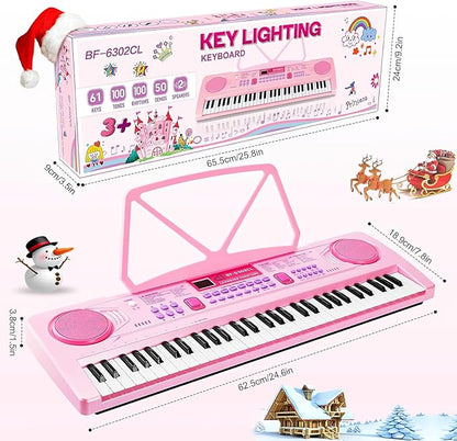 WOSTOO 61 Key Piano Keyboard for Kids, Portable 24.6-Inch Electronic Digital Piano with Follow Teaching Mode, Music Stand, Microphone & Recording, Educational Musical Instrument for Beginners, Pink