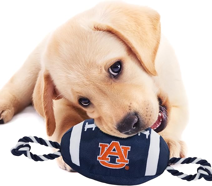 Pets First NCAA Auburn Tigers Football Dog Toy, Tough Quality Nylon Materials, Strong Pull Ropes, Inner Squeaker, Collegiate Team Color