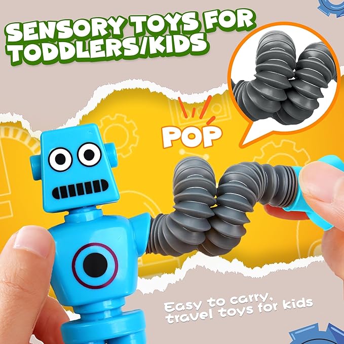 Robot Sensory Travel Toys 4Pcs for Toddlers Kid Boy Year Old Ages 3 4 5 6 7 8 9,Airplane Activities Suction Autism Pop Tube Fidget Toys Autistic Stocking Easter Basket Stuffer Valentine Gift for Kids