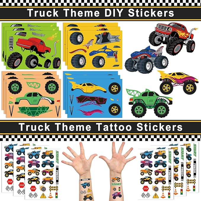 Monster Truck Party Favors Set 72 PCS Truck Theme Slap Bracelets Keychains Tattoo Stickers DIY Stickers Drinking Straws Party Gift Bags for Kids Boys Birthday Party Supplies