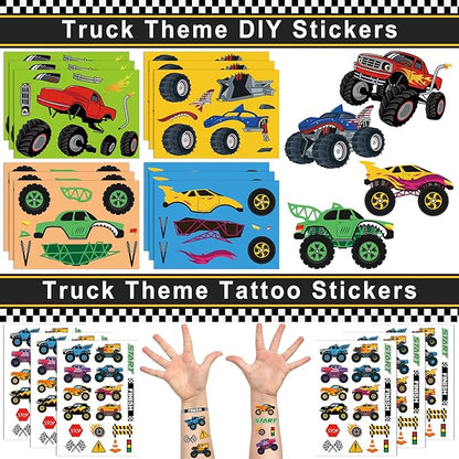 Monster Truck Party Favors Set 72 PCS Truck Theme Slap Bracelets Keychains Tattoo Stickers DIY Stickers Drinking Straws Party Gift Bags for Kids Boys Birthday Party Supplies