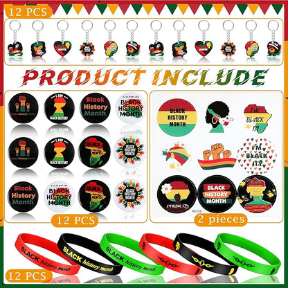 38 Pcs Black History Month Party Favors Including 12 Pcs Elastic Rubber Bracelets 12 Pcs Keychain 12 Pcs Buttons Badges Pins 2 Pcs Labels Stickers for Party African Black Freedom Day Supplies