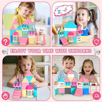 Unicorn Magnetic Tiles, Unicorn Toys for Girls Age 4-6, Princess Castle Magnet Toy for Kids Ages 4-8, Movable Magnetic Tiles 3D Educational Sensory Toys, Xmas Birthday Gifts for Boys and Girls