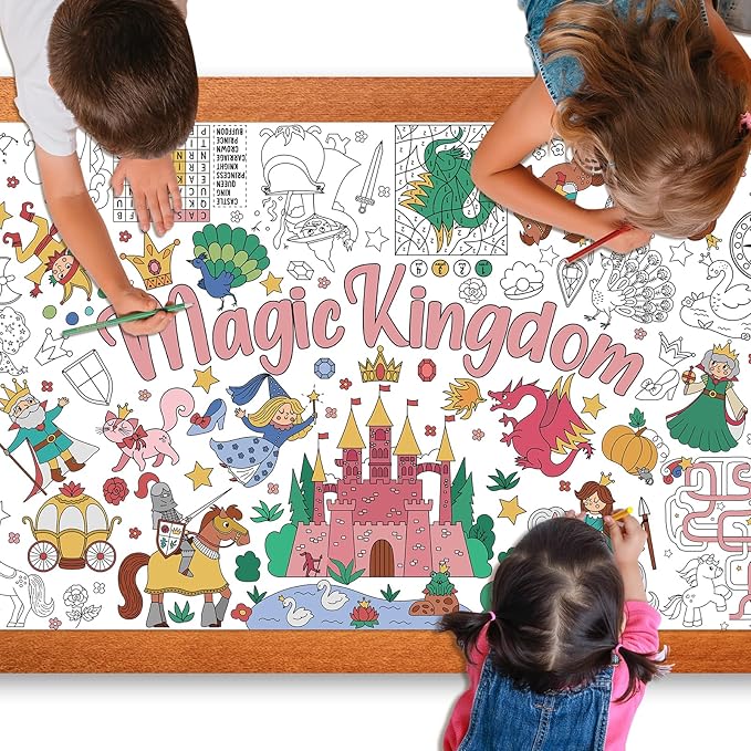 Magic Kingdom Giant Coloring Poster for Kids 30 x 72 Inch, Princess Large Coloring Poster Tablecloth, Fairy Themed Color-in Activities Games for Kids School Classroom Home Party Supplies Decorations