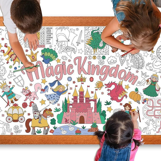 Magic Kingdom Giant Coloring Poster for Kids 30 x 72 Inch, Princess Large Coloring Poster Tablecloth, Fairy Themed Color-in Activities Games for Kids School Classroom Home Party Supplies Decorations