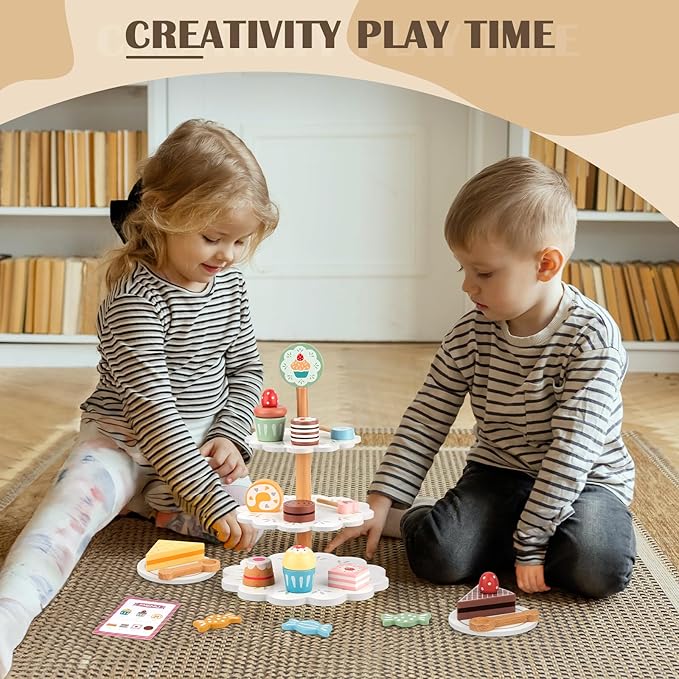 Play Food Sets for Kids Kitchen, Wooden Play Food Including Three-Tier Cake Stand, 22 Pcs Wooden Food Toys, Toddler Girl Toys
