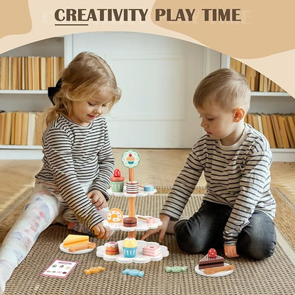 Play Food Sets for Kids Kitchen, Wooden Play Food Including Three-Tier Cake Stand, 22 Pcs Wooden Food Toys, Toddler Girl Toys