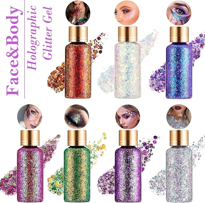 Pure Gold Face Body Eye Rave Glitter Gel, Self-Adhesive Hair Glitter for Women Kids, Holographic Chunky Sparkle Shine Shimmer Makeup for Singer Concert Music Festival Accessories, 1oz