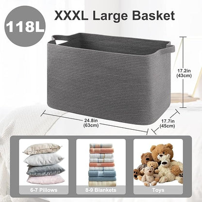 OIASKET 118L Extra Large Blanket Basket, 24.8" x 17.7" x 17.2" Woven Storage Basket for Living Room, Rectangle Nursery Blanket Storage for Toys, Towels, Dirty Clothes (Grey)