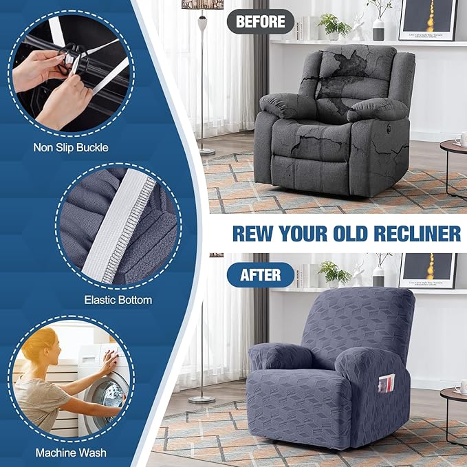 TAOCOCO Recliner Cover 3 Pieces Recliner Chair Covers, Stretch Jacquard Reclining Chair Cover, Furniture Protector Sofa Slipcovers Couch Covers with Elastic Bottom for Kids, Pets (Grey)
