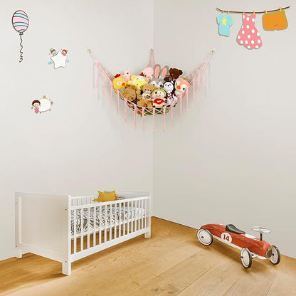 Boho Stuffed Animals Net or Hammock Large,55 inch Toy Hammock Macrame Stuff Animal Storage Corner Hanging Net Holder,Mesh Hammock Plush Toy Organizer with Hooks for Bedroom,Nursery (Light Pink)