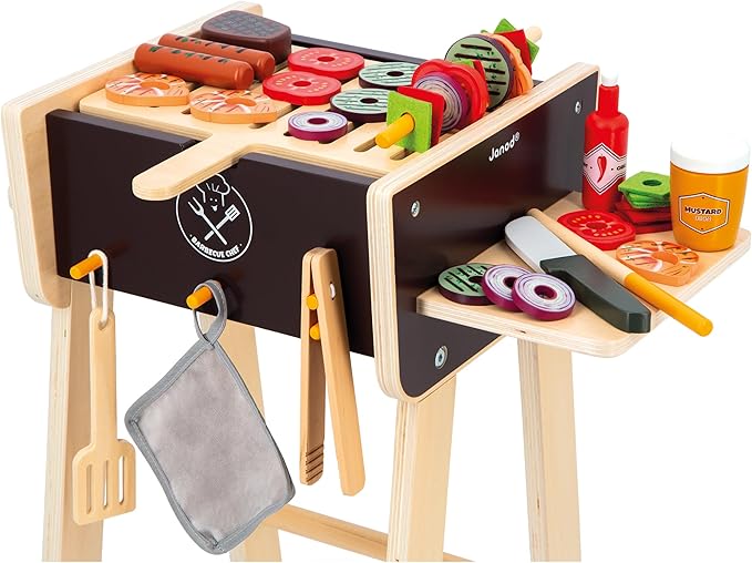 Janod - J06619 Wooden Barbecue - Imitation Kitchen and Dinette Toy for Children - 57 Accessories Included - 2 Silent Wheels - Ages 3 and Above