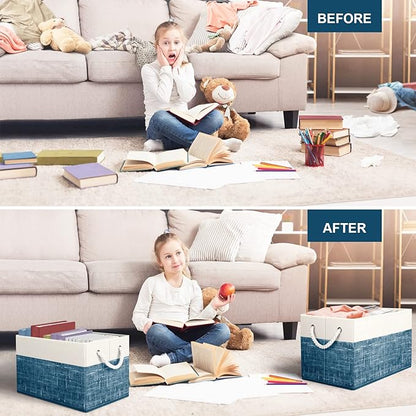 Fab totes Storage Bins [2-Pack], Foldable Storage Baskets for Organizing Toys, Books, Shelves, Closet, Large Storage Box with Rope Handles, Sturdy Organizer Bins, White & Blue