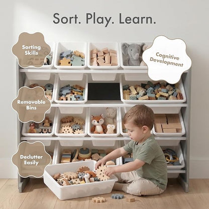 Humble Crew Supersized Toy Storage Organizer with 16 Removable Bins, Grey/White – Large Toy Storage for Toddlers Ideal for Kids' Rooms, Playrooms, and Nurseries - Modern Toy Bins for Kids