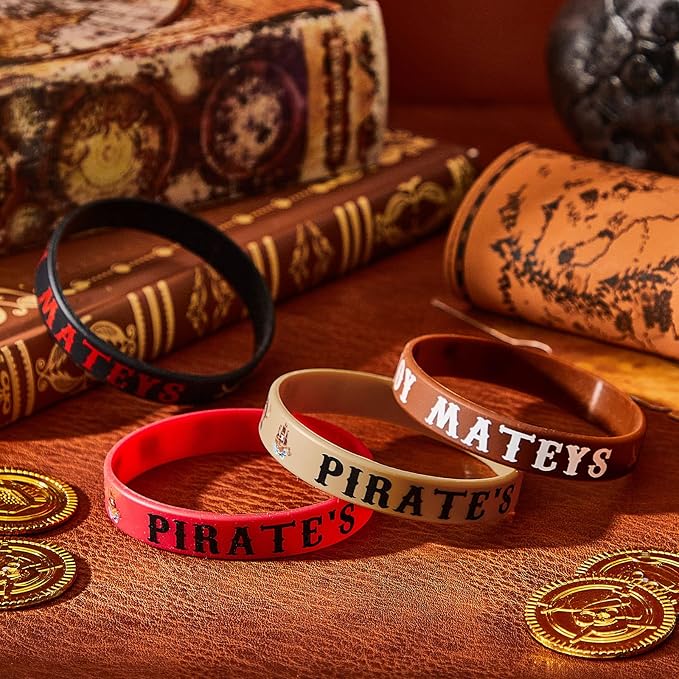 Leitee 48 Pcs Pirate Rubber Bracelets Pirate Party Wristbands Pirate Theme Party Silicone Wristbands Pirate Party Supplies Favors Pirate Accessories for Men Women Birthday Prizes, 4 Styles