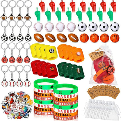 Junkin 162 Pcs Sport Party Favors Sport Party Goodie Bag Fillers Small Sports Balls Sport Wristband Keychains Stickers Bracelet Whistle for Sports Themed Birthday Party Supplies Decoration (Chic)