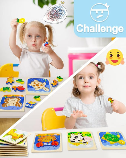 Benresive Wooden Toddler Puzzles Ages 1-3, Montessori Toys for 1 2 3 Year Old Boys Girls, 8 Pack Animal Toddler Toys Gifts for 1 2 3 Year Old Boys Girls, Learning Educational Preschool Toys