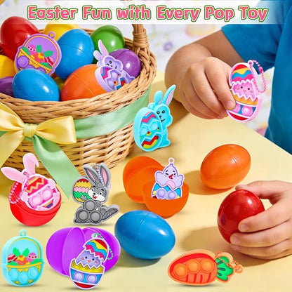 Easter Pop Fidget Toys for Kids, 24 Pack Filled Easter Eggs with Mini Fidget Pop keychain Toys,Idea for Easter Egg Hunt Toys, Basket Stuffers&Party Favors