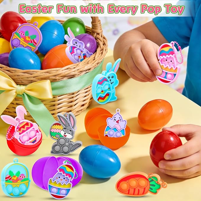 LUBUYILD 24PCS Easter Eggs with Pop Fidget Toys Keychains for Kids Girls Boys Easter Basket Stuffers, Egg Hunt Prizes and Party Favors