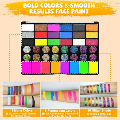 42 Colors Face Painting Kit, Non-Toxic Water Activated Face Paint Palette, Facepaint Makeup Kit with Brushes, Stencils, Gems, for Festivals, Halloween, Carnival, Birthday Parties