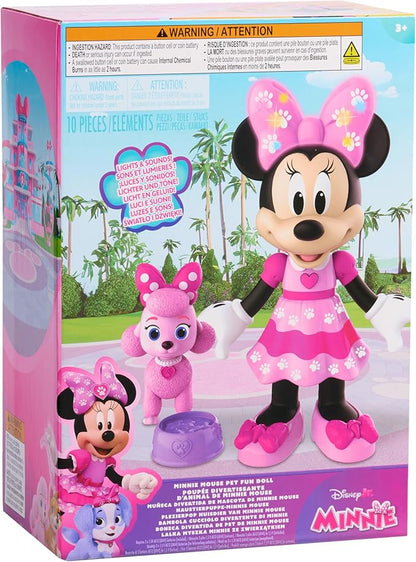 Disney Jr. Minnie Mouse Pet Fun Doll – 10-Inch Poseable Minnie Doll with Lights & Sounds, Accessories, Pink Poodle Toy, Kids Gift for Ages 3 and Up by Just Play, Kids Toys for Ages 3 Up by Just Play