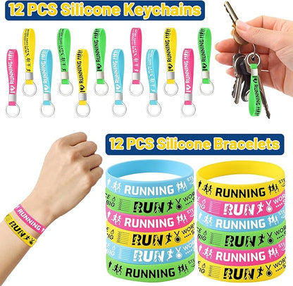 98 PCS Running Party Favors, Running Temporary Tattoos Badges Stickers Silicone Bracelets Keychains for Running Marathon Sport Birthday Party Decorations Supplies Gifts for Runners Kids Teens