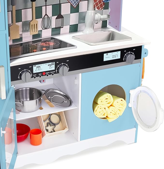 Lil’ Jumbl Kids Blue Kitchen Set, Pretend Wooden Play Kitchen, Battery Operated Icemaker, Microwave, Range Hood, Stove Top, Oven, with Realistic Sound & Lights, Pots, Pan, & Utensils Included