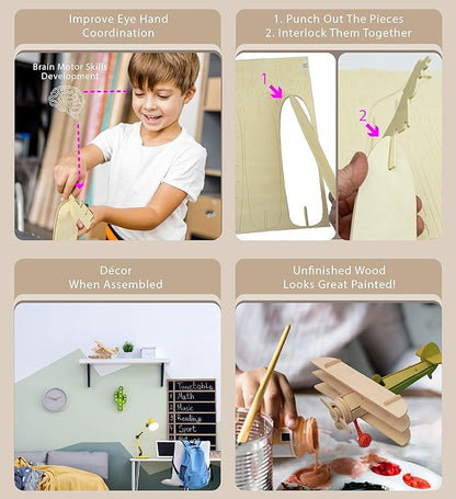 Puzzled Wooden Airplane Model Kits - Water Plane, Spirit of St. Louis, Nieuport 17 & Tri-Plane 3D Wooden Puzzles Set, Educational Adults & Kids Toys DIY Airplane Kit Assembly Planes to Build - 4 Pack