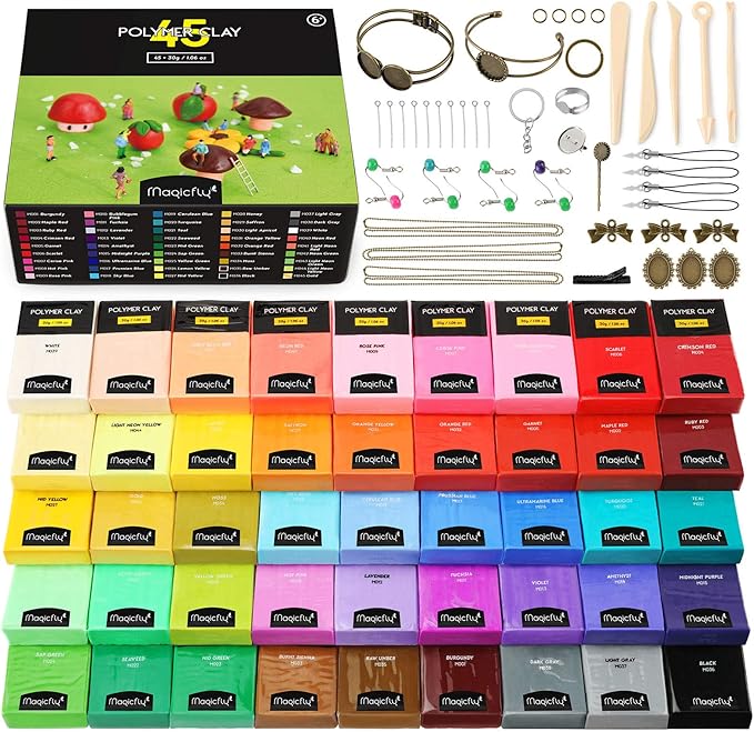 Magicfly Polymer Clay Starter Kit, 45 Colors Oven Bake Clay with 5 Modeling Tools and 40 Jewelry Accessories, Safe and Nontoxic DIY Baking Clay Blocks