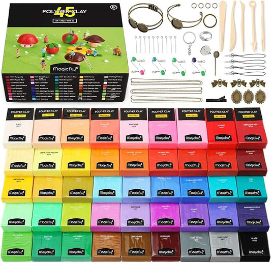 Magicfly Polymer Clay Starter Kit, 45 Colors Oven Bake Clay with 5 Modeling Tools and 40 Jewelry Accessories, Safe and Nontoxic DIY Baking Clay Blocks