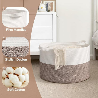 Goodpick Blanket Basket Living Room, 19.7"x19.7"x12.6" Cotton Rope Toy Basket for Blankets, Woven Baskets for Storage, Toy Storage