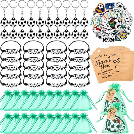 130 Pcs Soccer Party Favors Soccer Gift with Soccer Keychain Organza Soccer Goodie Bags Soccer Bracelet Soccer Stickers Kraft Tag Soccer Party Decorations for Boys Girls Birthday Sports Events